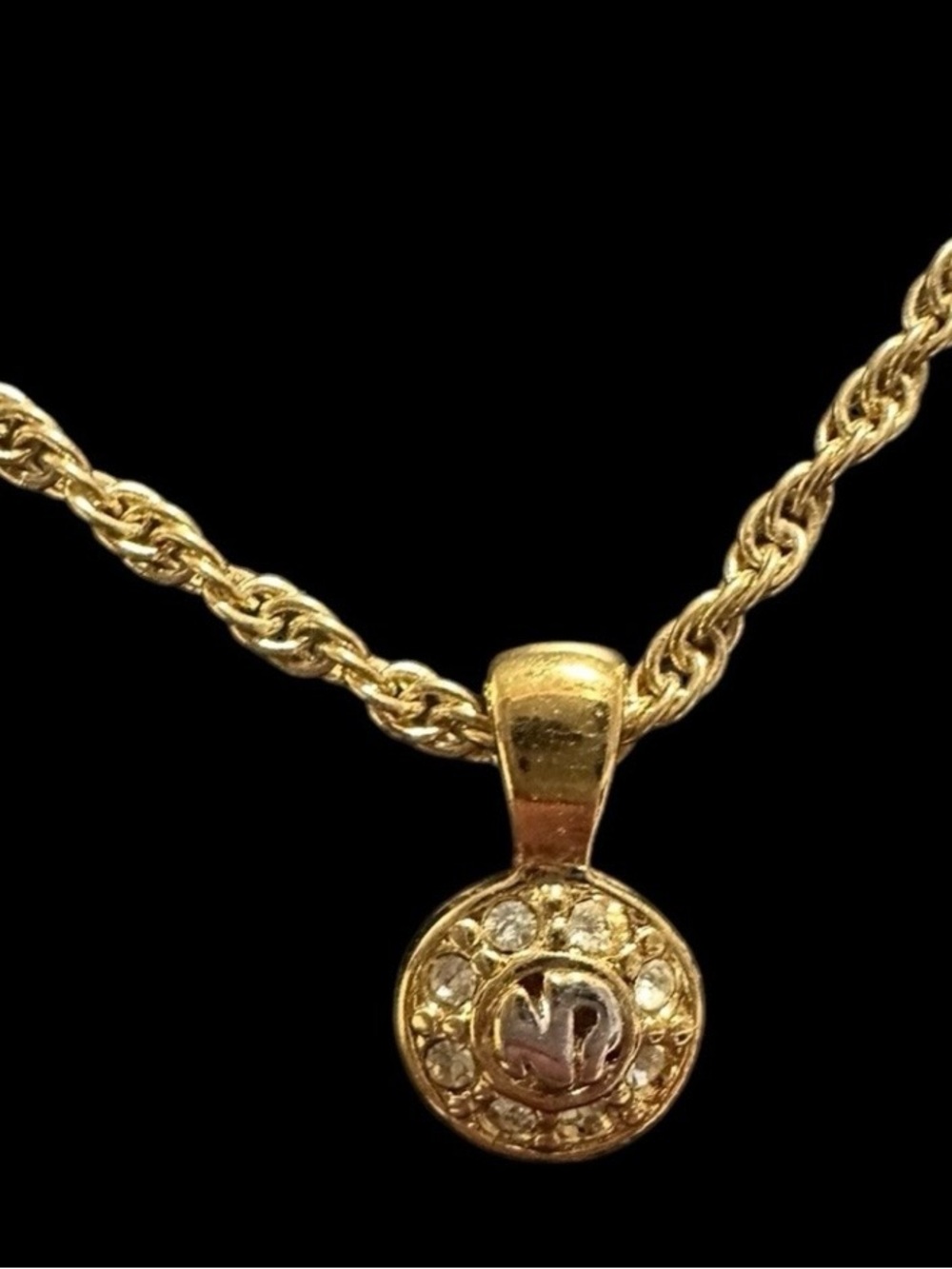 Nina Ricci Gold-Tone  Ionic Pavé 'NR’ Initials Logo Pendant Vintage Necklace
